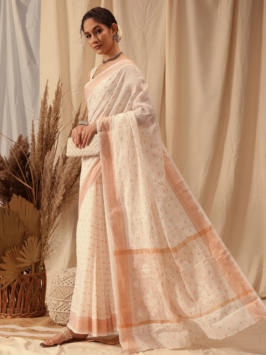Ada Hand Embroidered Off White Chanderi Lucknowi Chikankari Saree With Blouse A311375
