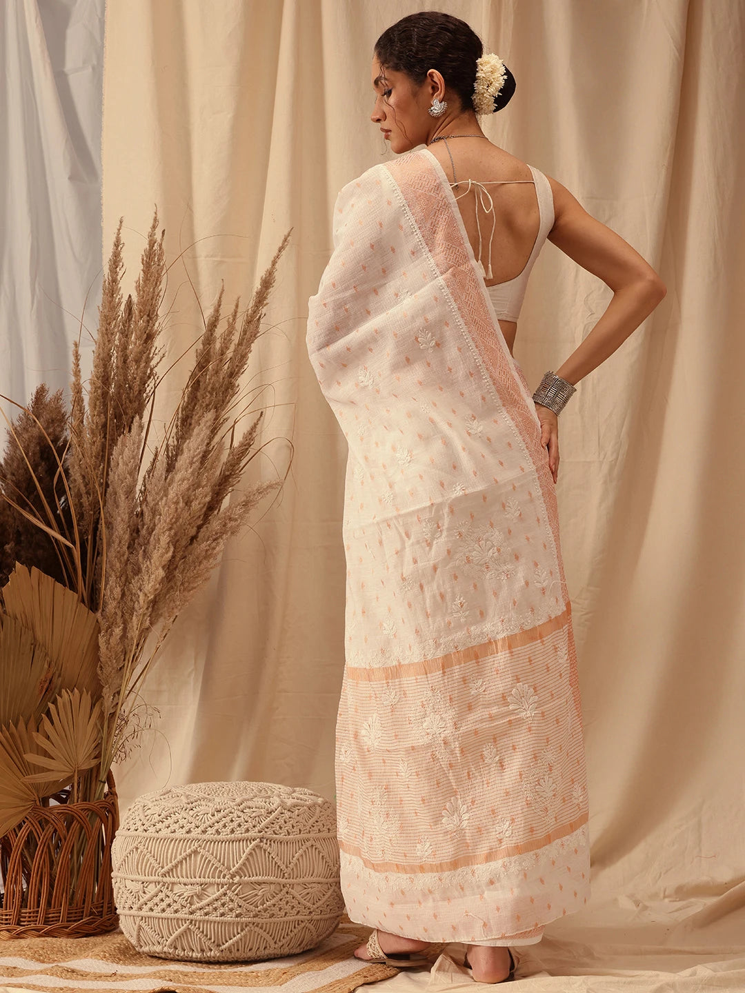 Ada Hand Embroidered Off White Chanderi Lucknowi Chikankari Saree With Blouse A311375
