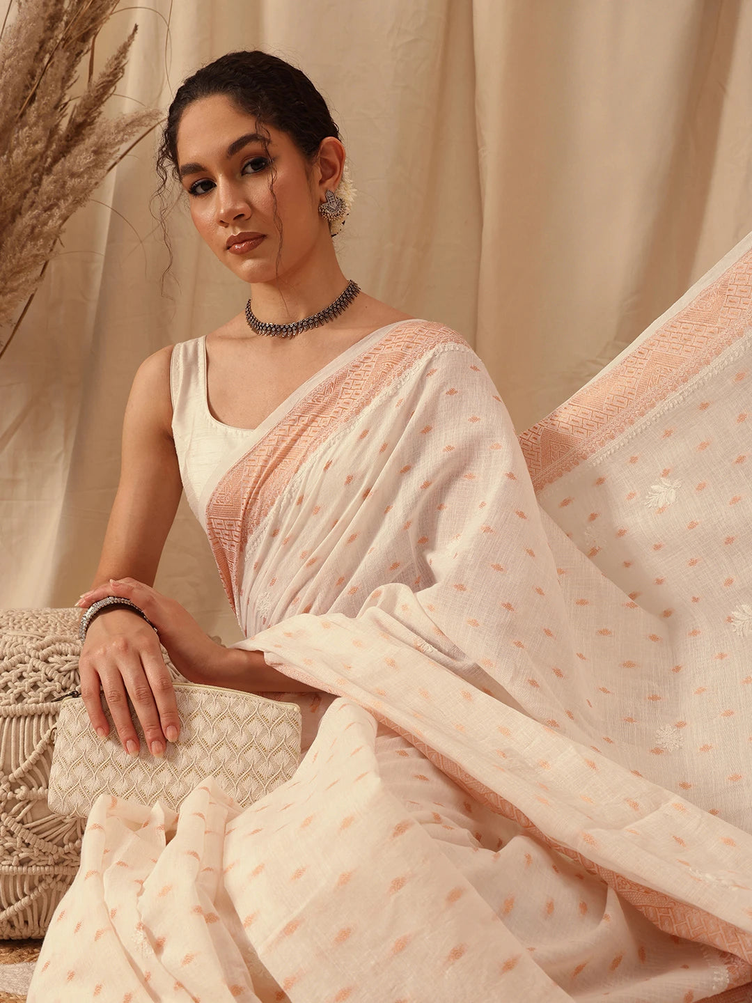 Ada Hand Embroidered Off White Chanderi Lucknowi Chikankari Saree With Blouse A311375