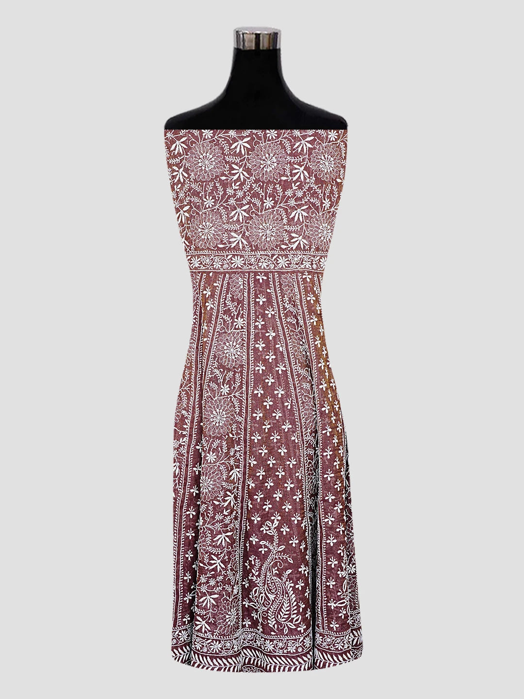 Ada Hand Embroidered Wine Tissue Lucknowi Chikankari Semi-Stitched Anarkali Kurta Dupatta Set With Zari Work 01A524155