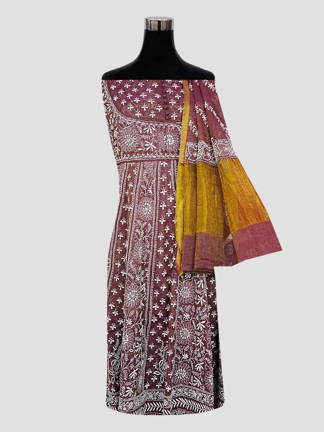 Ada Hand Embroidered Wine Tissue Lucknowi Chikankari Semi-Stitched Anarkali Kurta Dupatta Set With Zari Work 01A524155