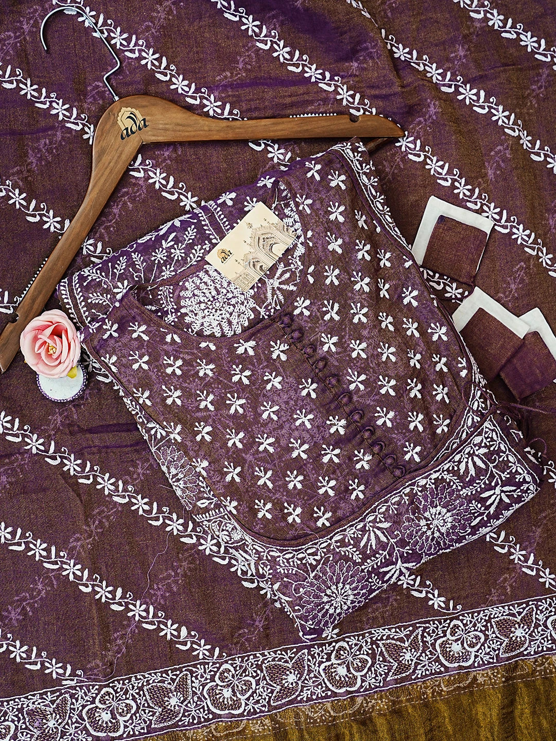 Ada Hand Embroidered Wine Tissue Lucknowi Chikankari Semi-Stitched Anarkali Kurta Dupatta Set With Zari Work 01A524155