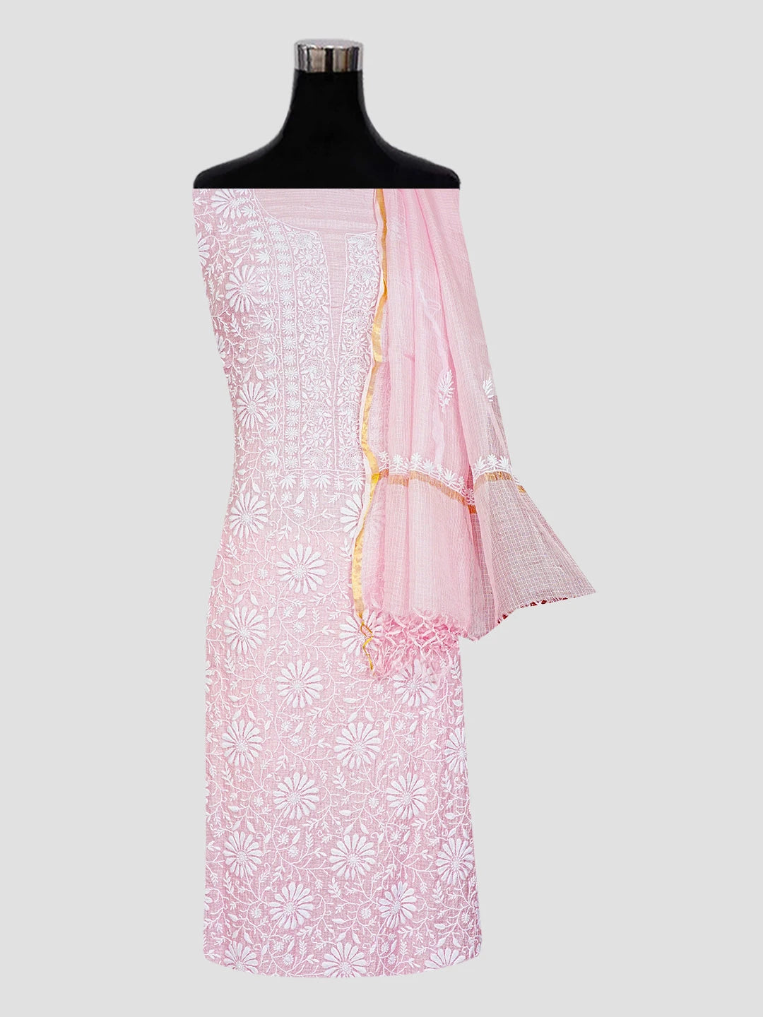 Ada Hand Embroidered Fairy Tale Pink Kota Silk Lucknowi Chikankari Unstitched Kurta Dupatta Set 01A580687