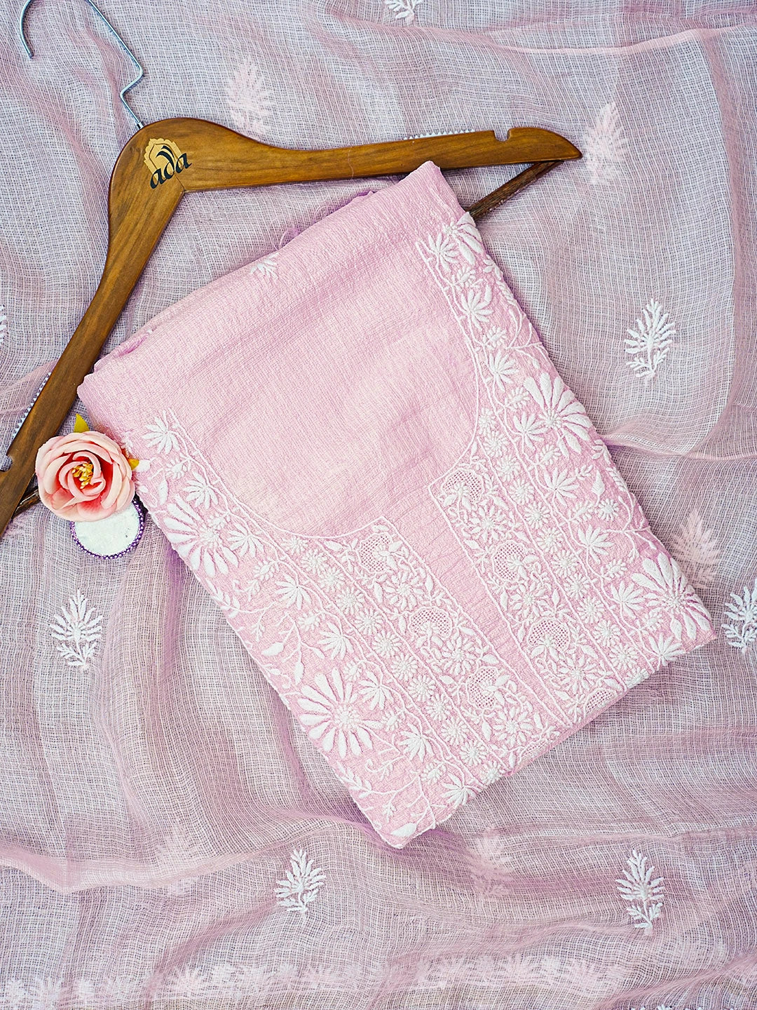 Ada Hand Embroidered Fairy Tale Pink Kota Silk Lucknowi Chikankari Unstitched Kurta Dupatta Set 01A580687