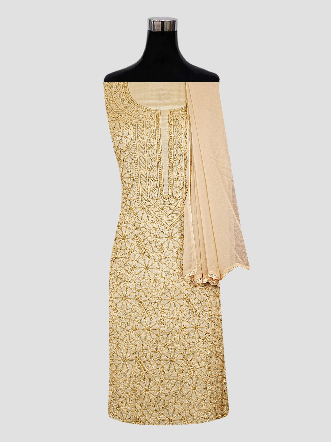 Ada Hand Embroidered Fawn Silk Lucknowi Chikankari Unstitched Suit Piece 01A604487