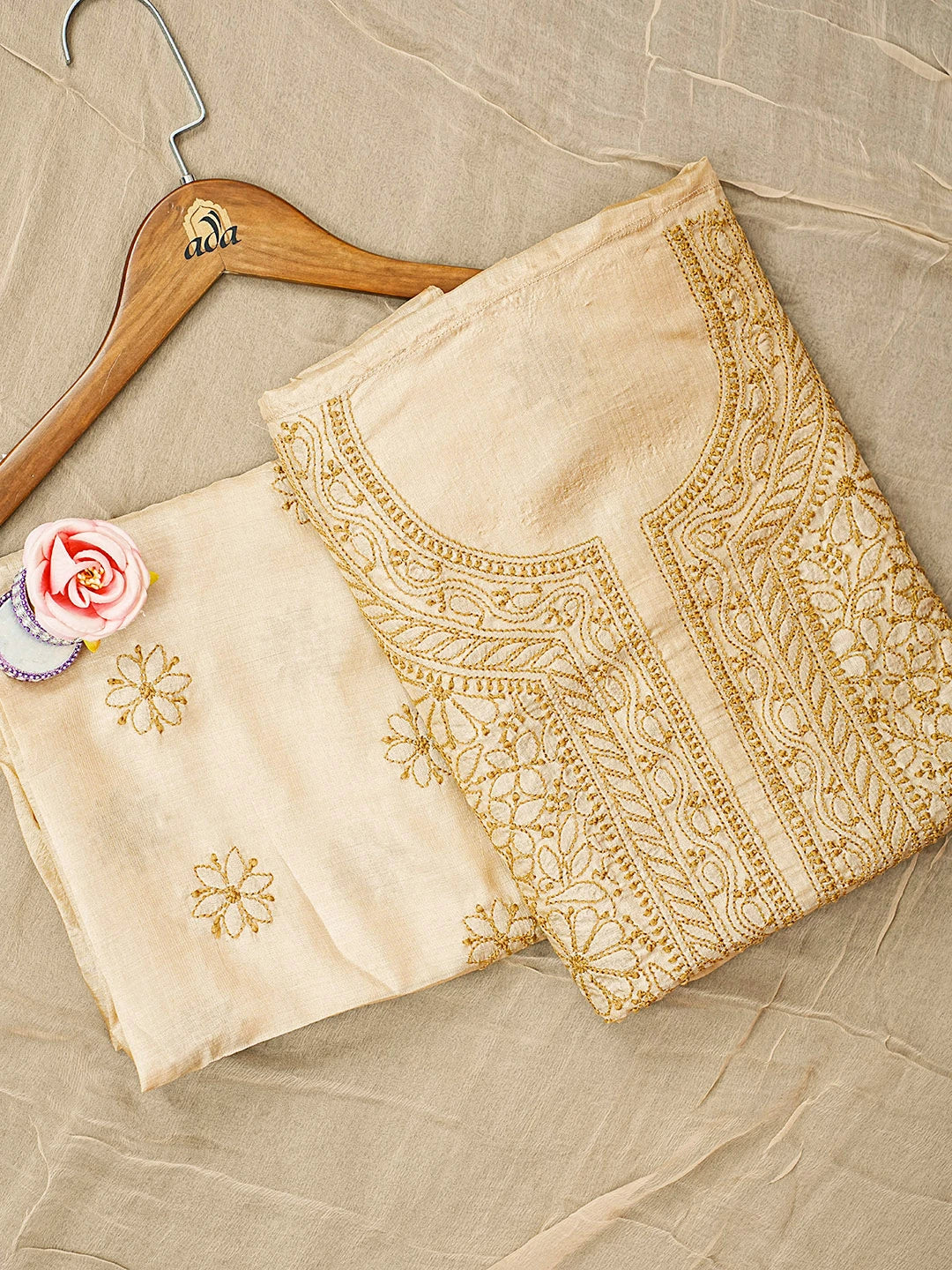 Ada Hand Embroidered Fawn Silk Lucknowi Chikankari Unstitched Suit Piece 01A604487