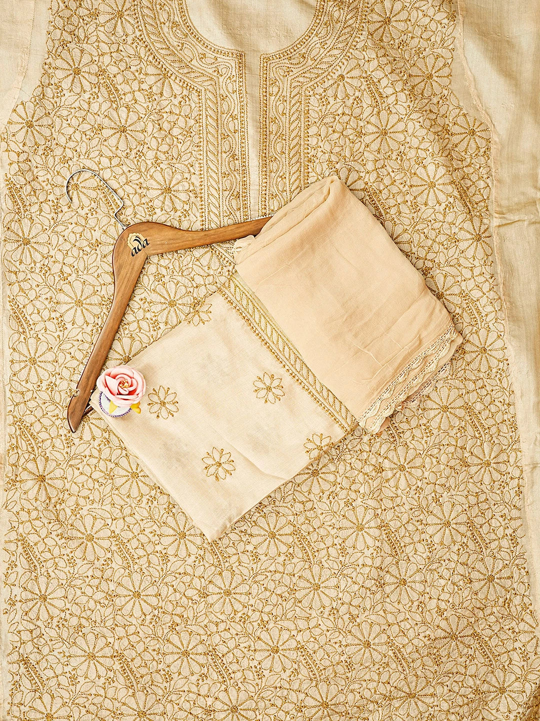 Ada Hand Embroidered Fawn Silk Lucknowi Chikankari Unstitched Suit Piece 01A604487