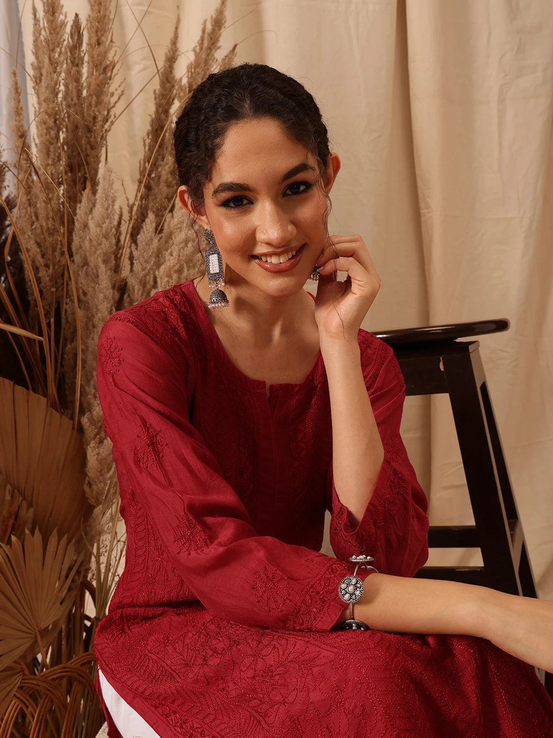 Ada Hand Embroidered Red Muslin Lucknowi Chikankari straight Kurta A411653