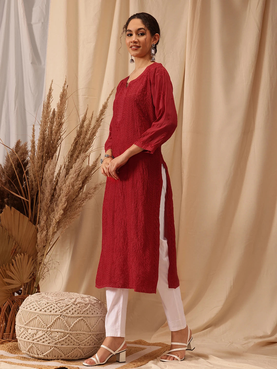 Ada Hand Embroidered Red Muslin Lucknowi Chikankari straight Kurta A411653