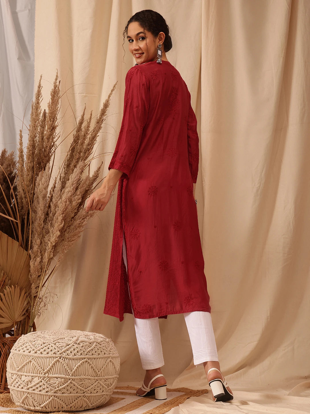 Ada Hand Embroidered Red Muslin Lucknowi Chikankari straight Kurta A411653