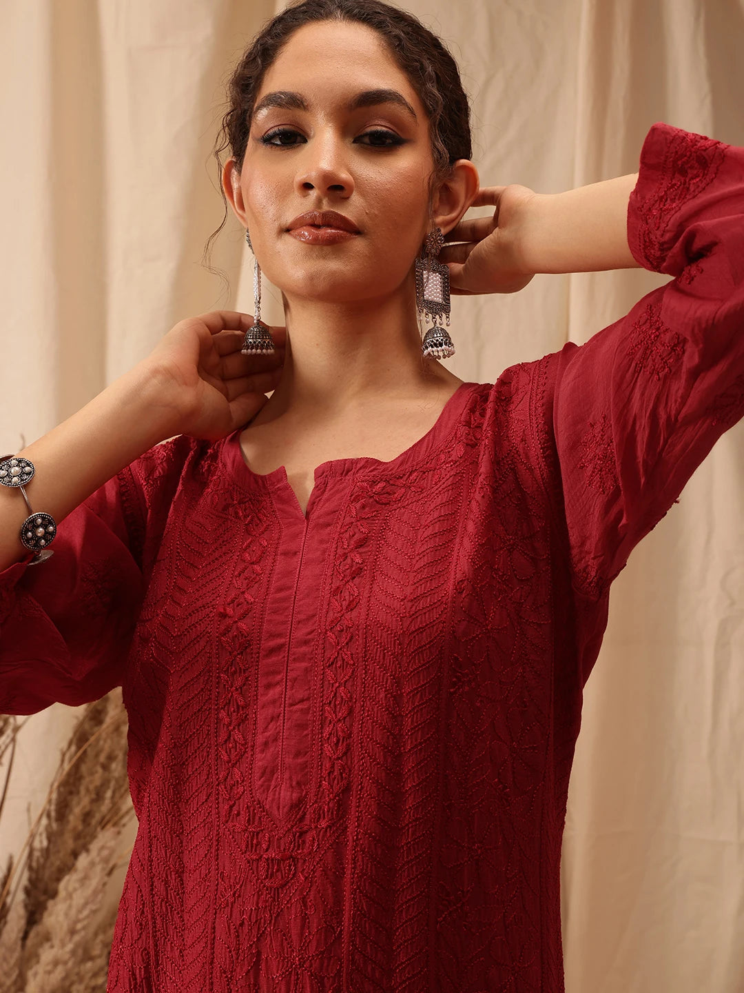 Ada Hand Embroidered Red Muslin Lucknowi Chikankari straight Kurta A411653