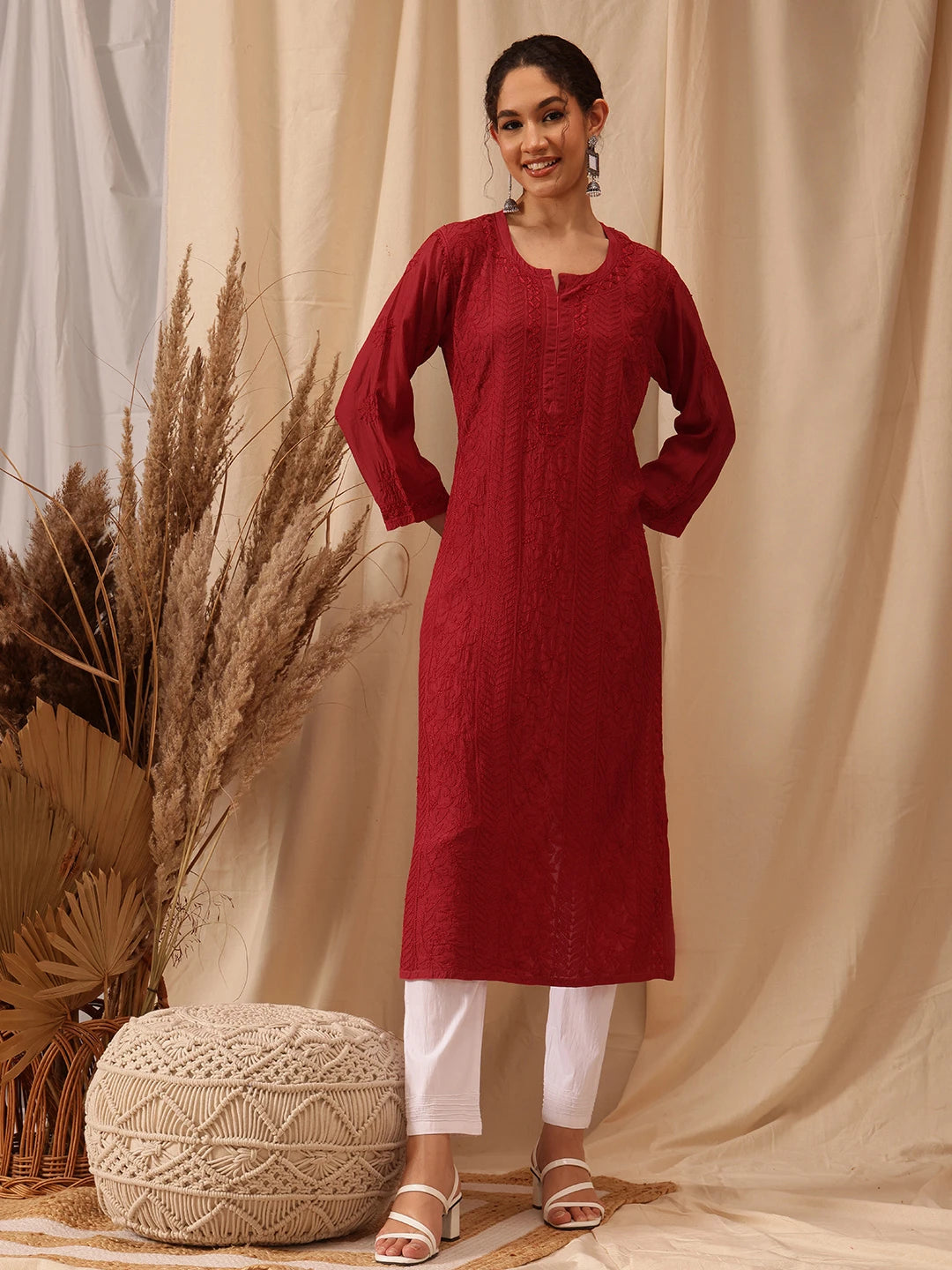 Ada Hand Embroidered Red Muslin Lucknowi Chikankari straight Kurta A411653