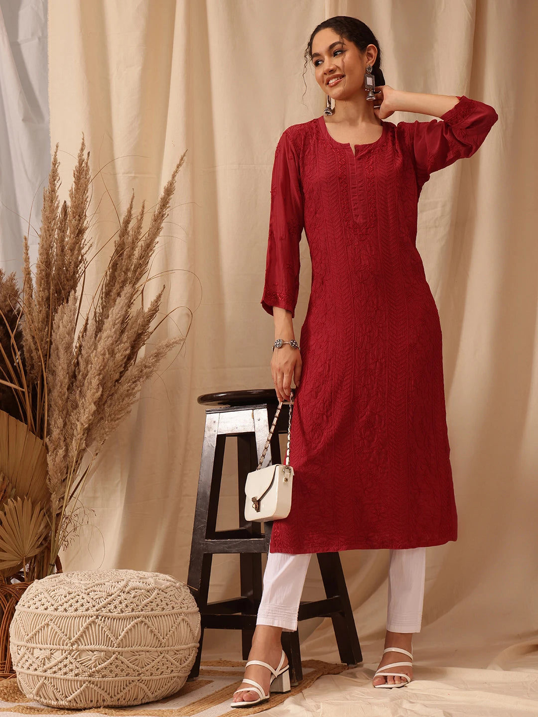 Ada Hand Embroidered Red Muslin Lucknowi Chikankari straight Kurta A411653