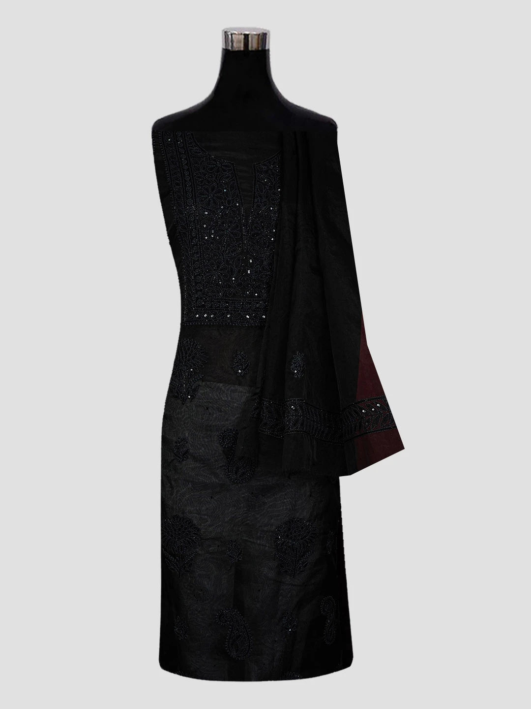 Ada Hand Embroidered Black Organza Lucknowi Chikankari Unstitched Kurta Dupatta Set With Cutdana Work 01A584308