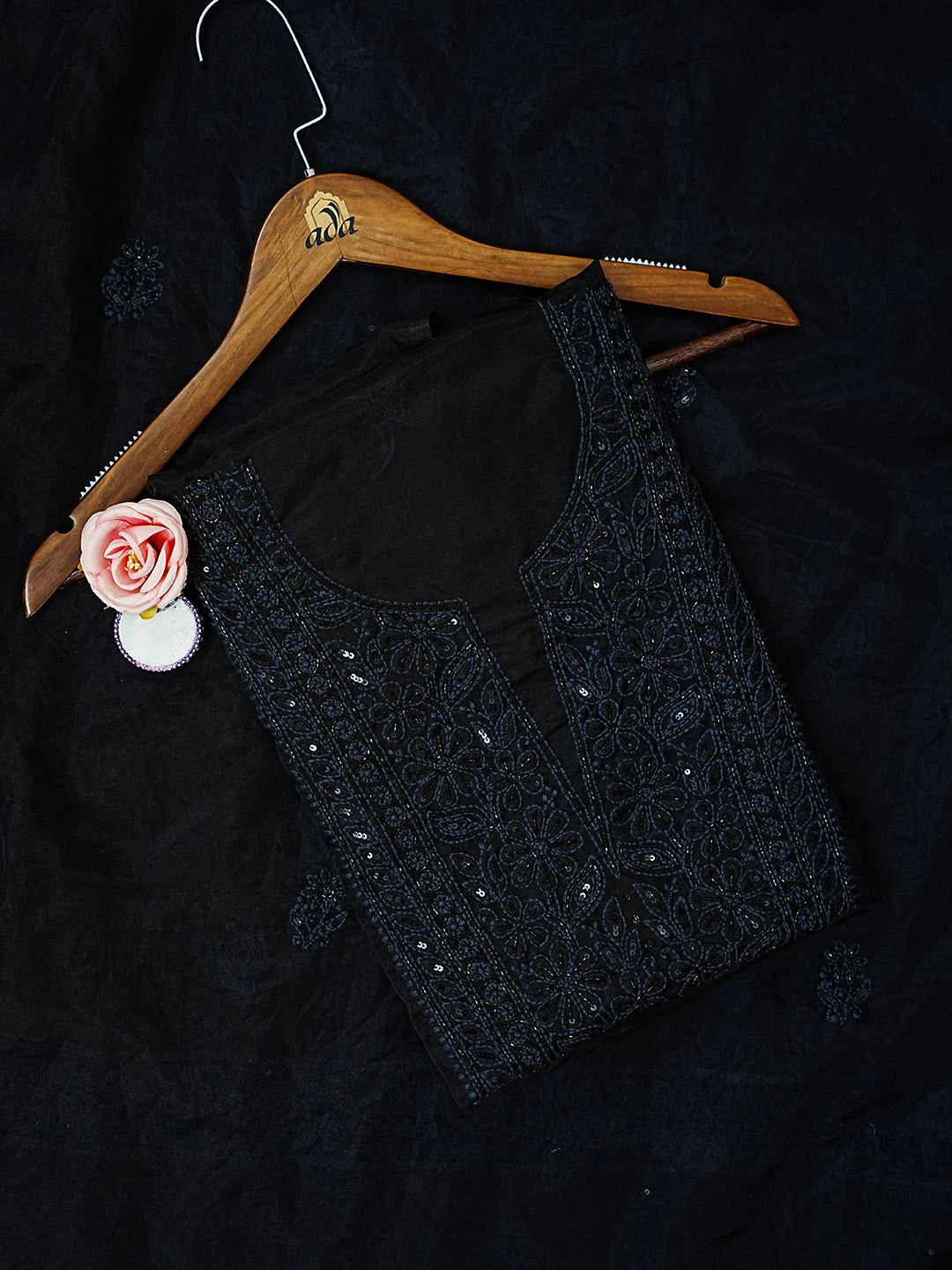 Ada Hand Embroidered Black Organza Lucknowi Chikankari Unstitched Kurta Dupatta Set With Cutdana Work 01A584308