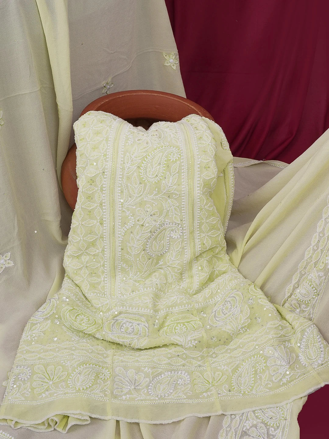 Ada Hand Embroidered Lime Green Pure Georgette Lucknowi Chikankari Semi-Stitched Anarkali Kurta Dupatta Set With Sequinned and Zari Work 01A552048