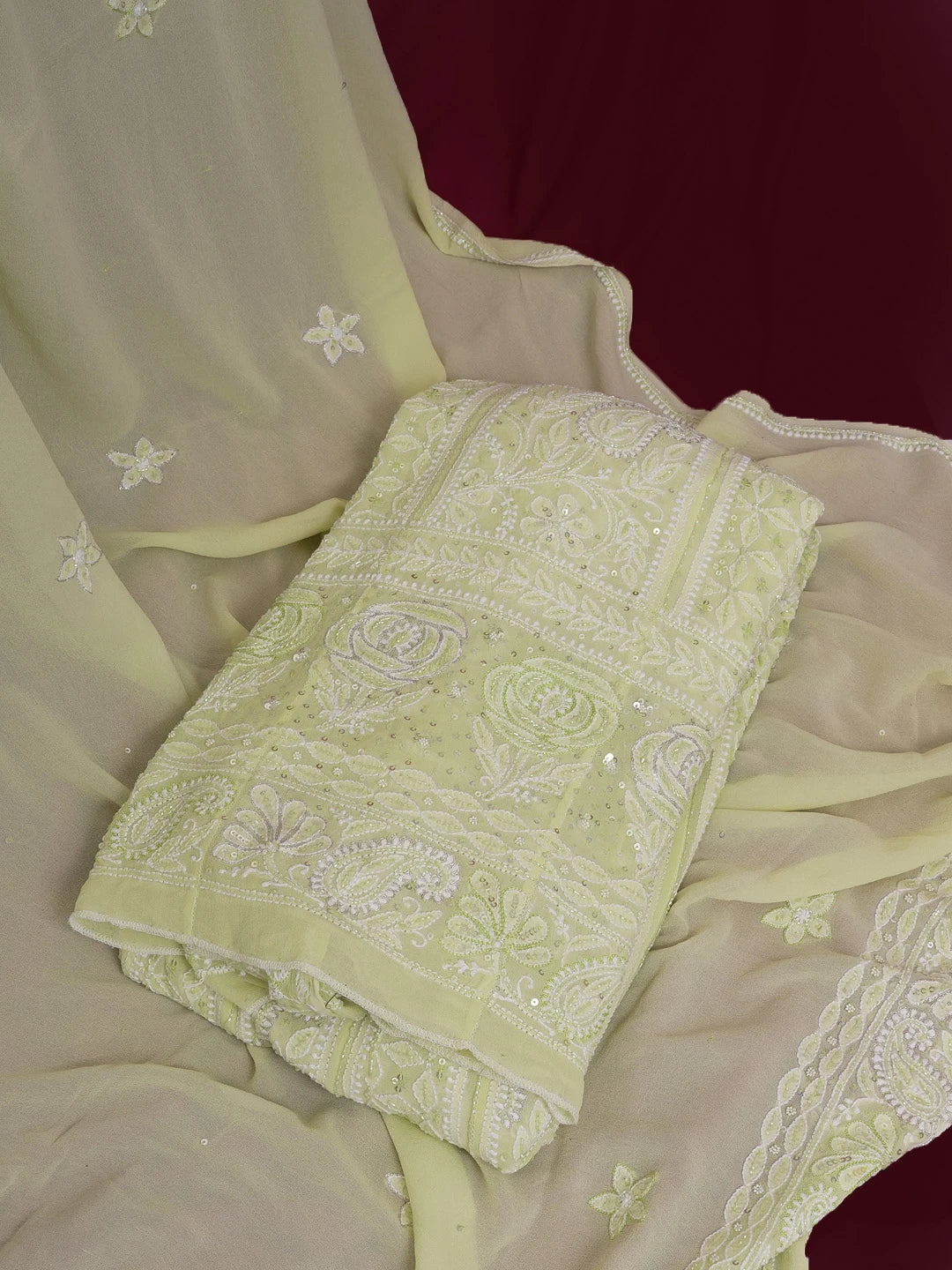 Ada Hand Embroidered Lime Green Pure Georgette Lucknowi Chikankari Semi-Stitched Anarkali Kurta Dupatta Set With Sequinned and Zari Work 01A552048