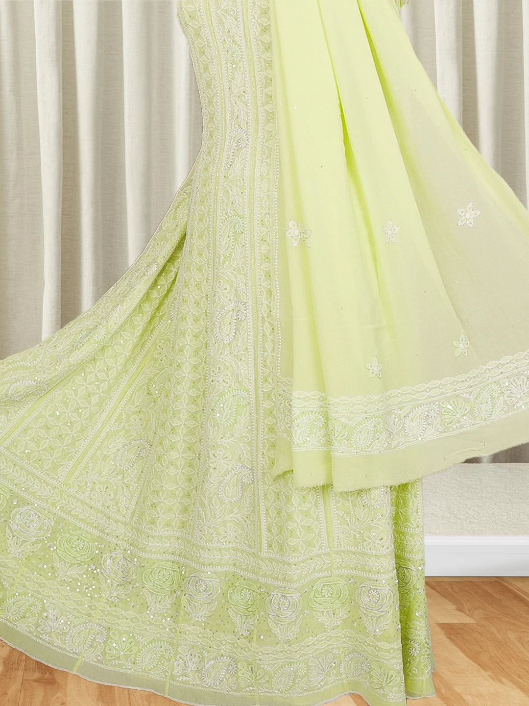 Ada Hand Embroidered Lime Green Pure Georgette Lucknowi Chikankari Semi-Stitched Anarkali Kurta Dupatta Set With Sequinned and Zari Work 01A552048