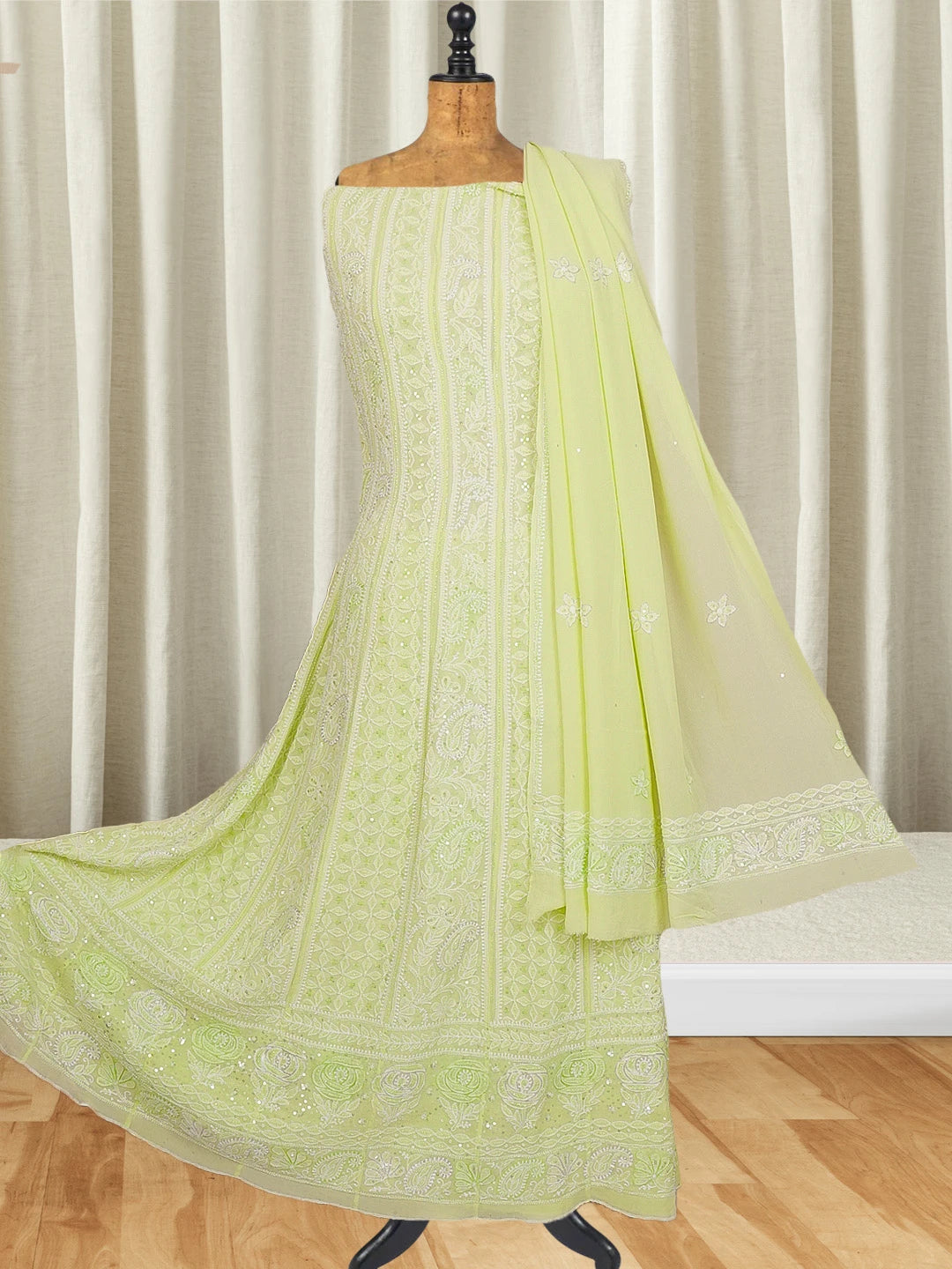 Ada Hand Embroidered Lime Green Pure Georgette Lucknowi Chikankari Semi-Stitched Anarkali Kurta Dupatta Set With Sequinned and Zari Work 01A552048