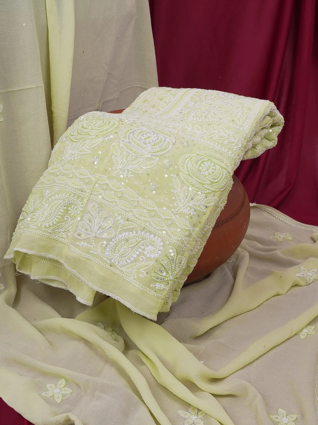 Ada Hand Embroidered Lime Green Pure Georgette Lucknowi Chikankari Semi-Stitched Anarkali Kurta Dupatta Set With Sequinned and Zari Work 01A552048
