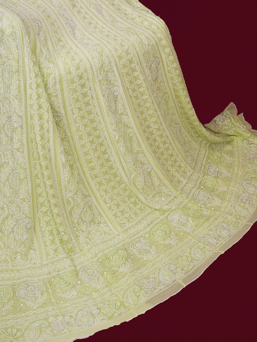 Ada Hand Embroidered Lime Green Pure Georgette Lucknowi Chikankari Semi-Stitched Anarkali Kurta Dupatta Set With Sequinned and Zari Work 01A552048