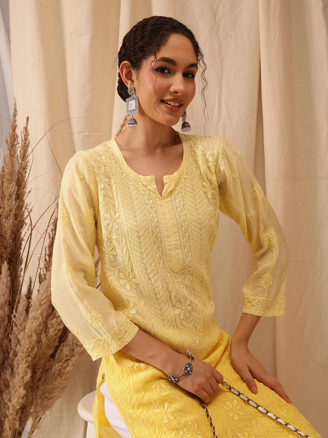 Ada Hand Embroidered Lemon Muslin Lucknowi Chikankari straight Kurta A411654