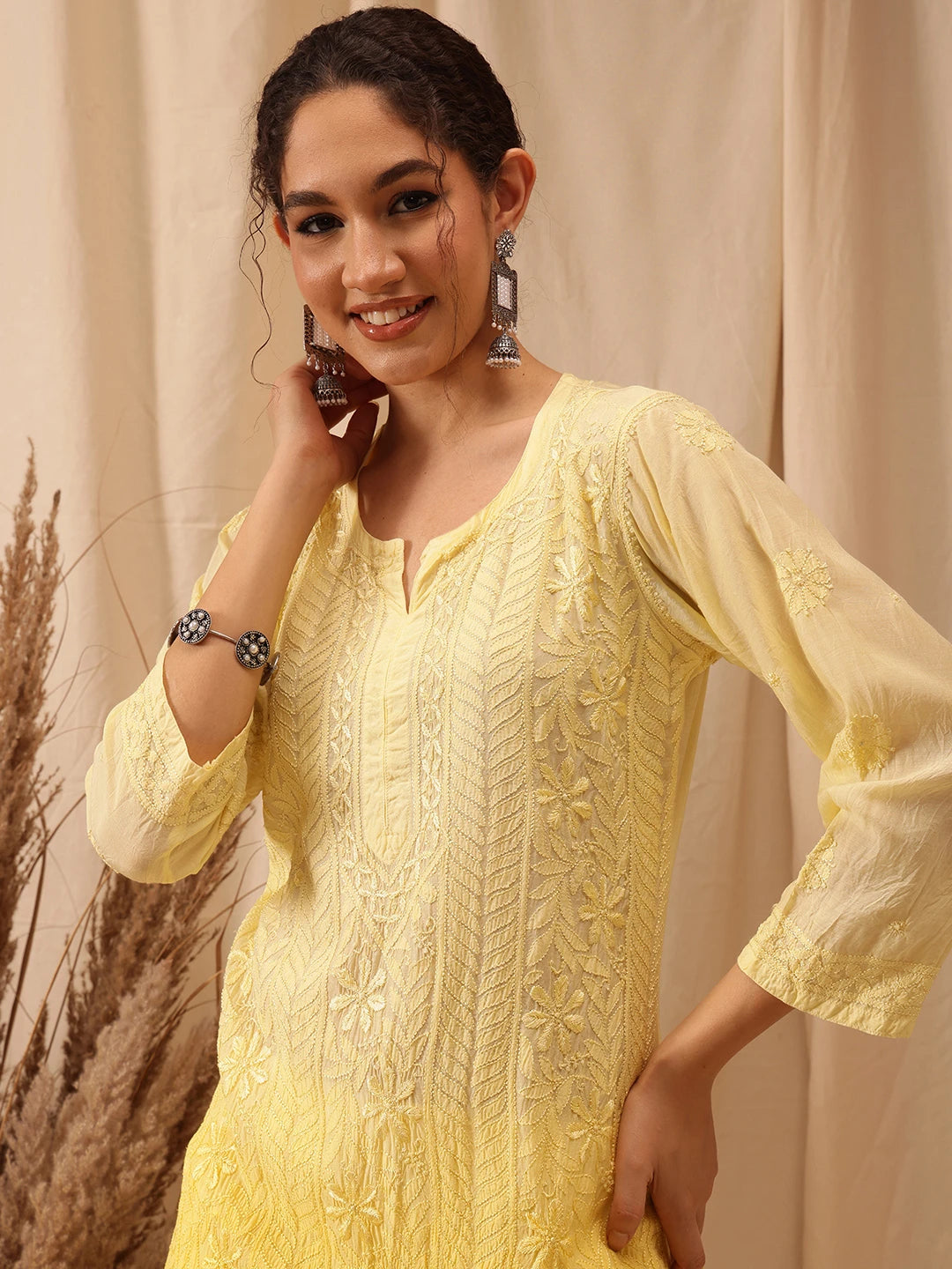 Ada Hand Embroidered Lemon Muslin Lucknowi Chikankari straight Kurta A411654