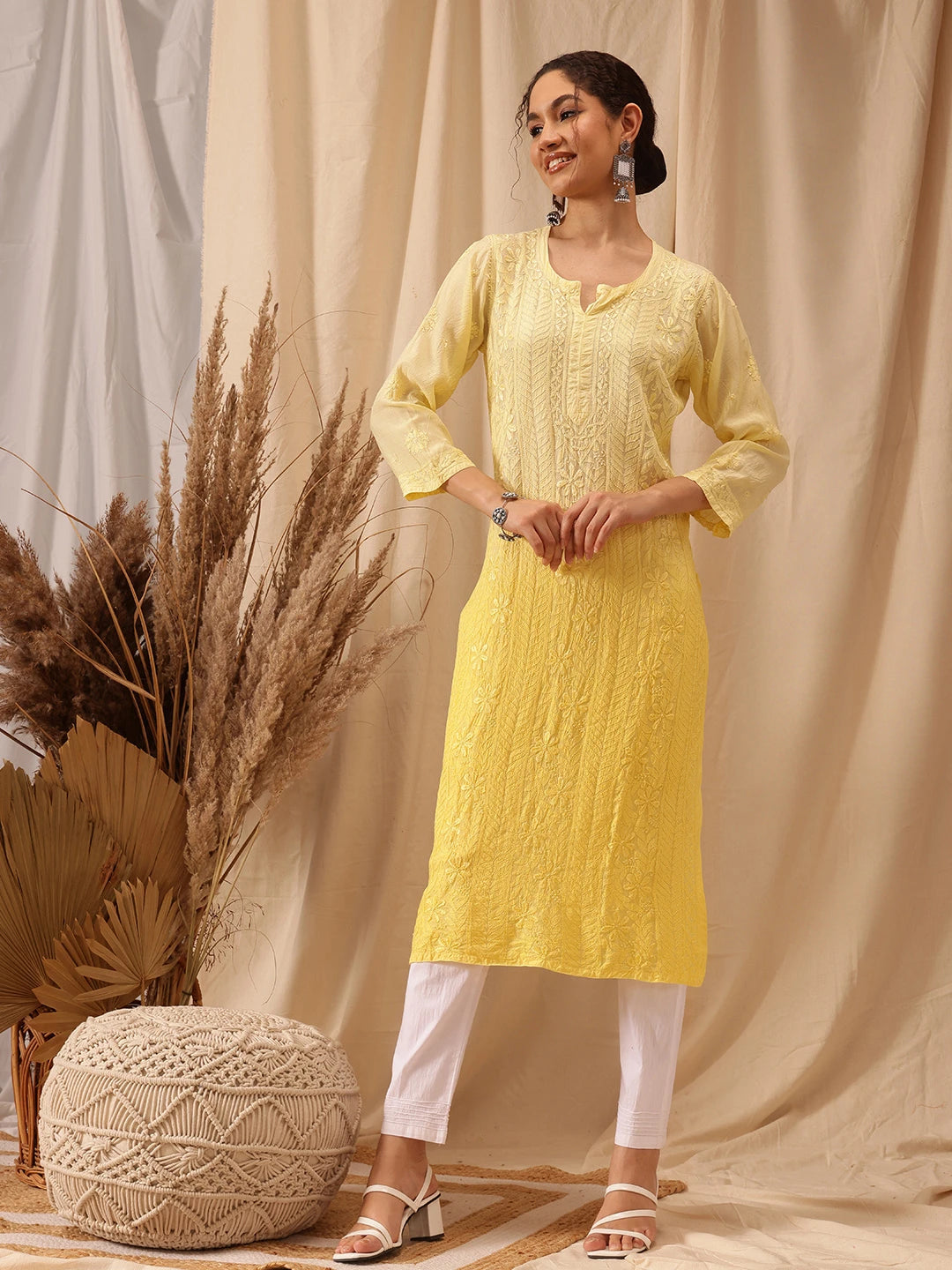 Ada Hand Embroidered Lemon Muslin Lucknowi Chikankari straight Kurta A411654