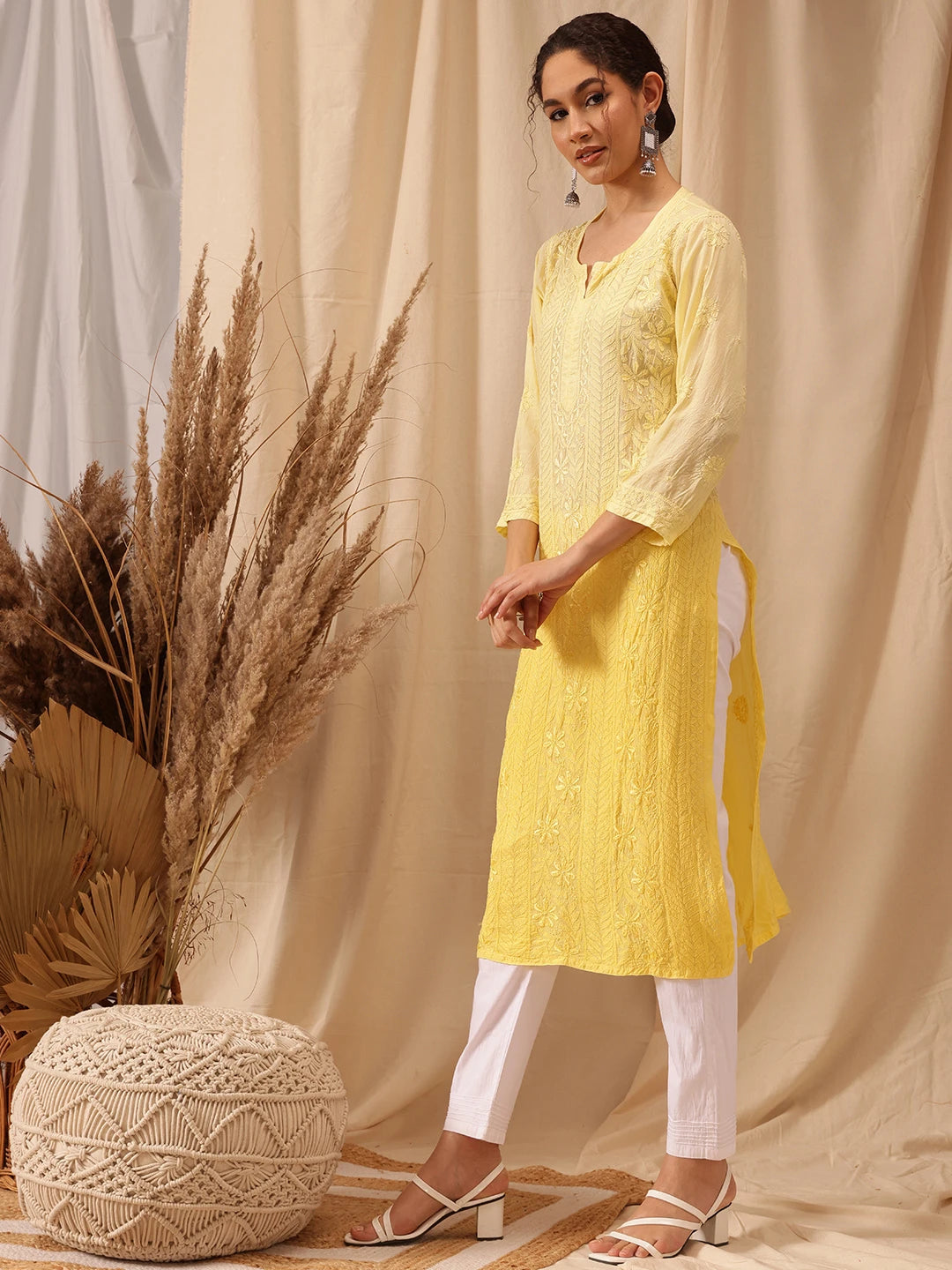 Ada Hand Embroidered Lemon Muslin Lucknowi Chikankari straight Kurta A411654
