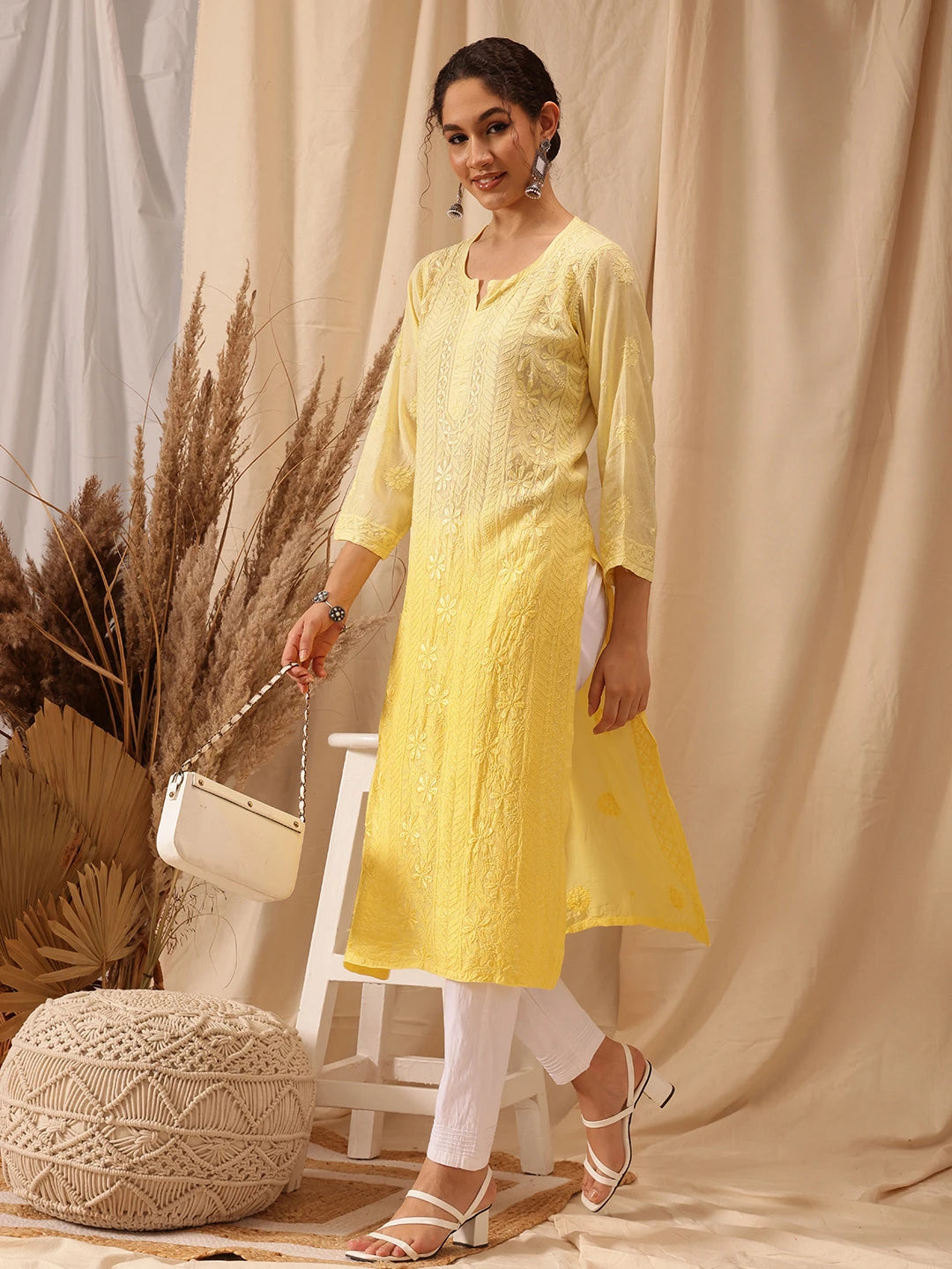 Ada Hand Embroidered Lemon Muslin Lucknowi Chikankari straight Kurta A411654