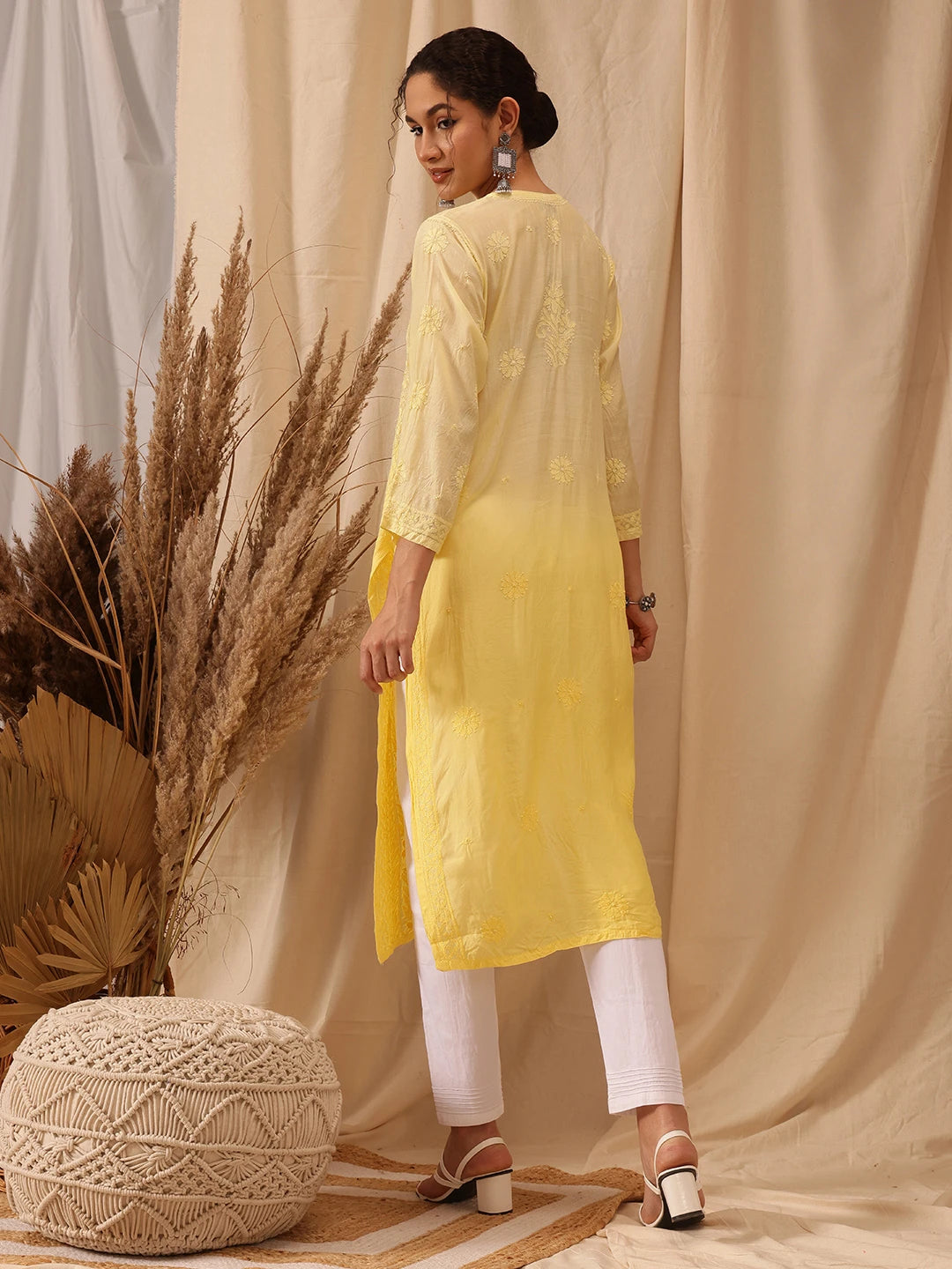 Ada Hand Embroidered Lemon Muslin Lucknowi Chikankari straight Kurta A411654