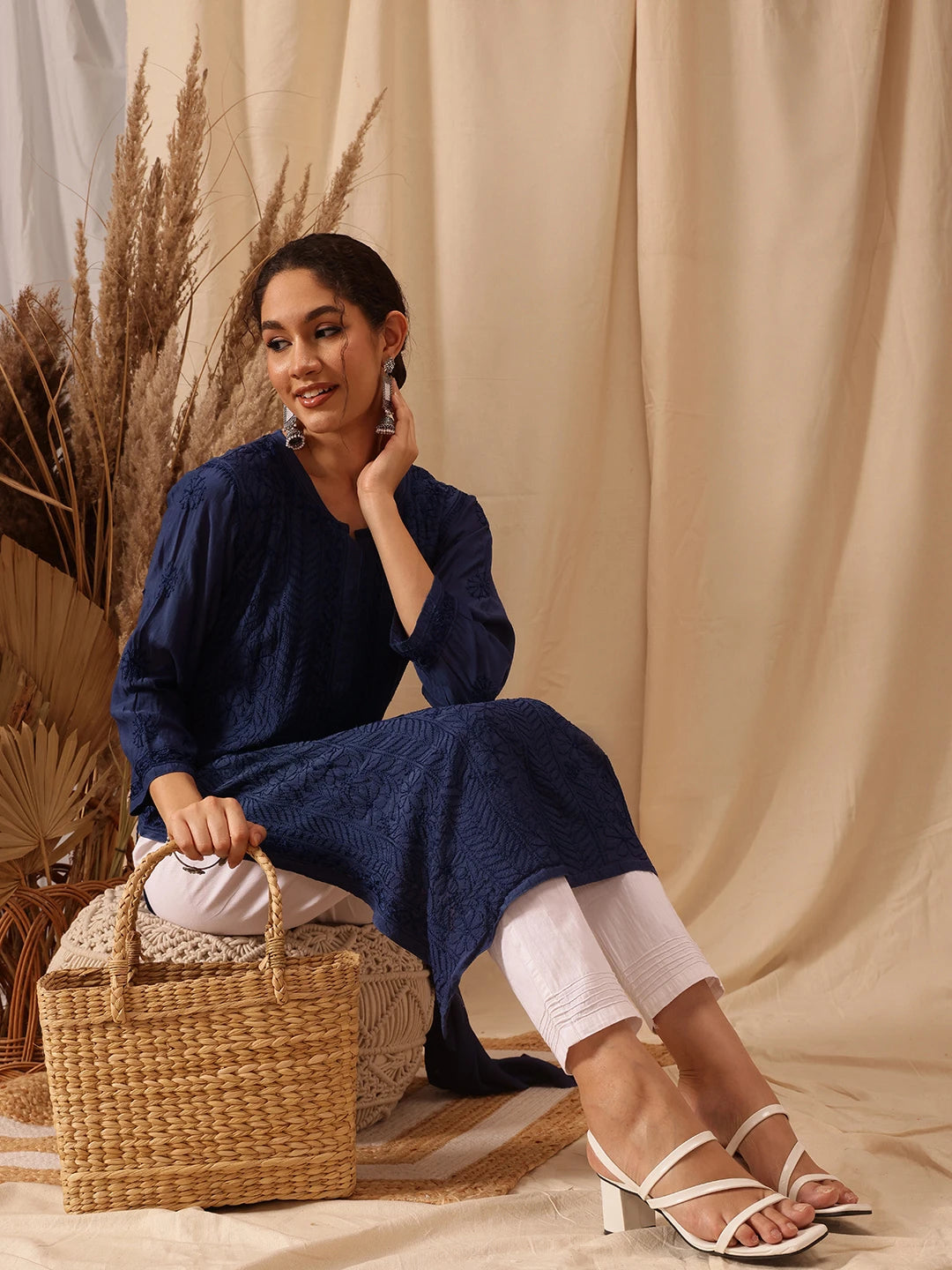 Ada Hand Embroidered Navy Blue Muslin Lucknowi Chikankari straight Kurta A411655