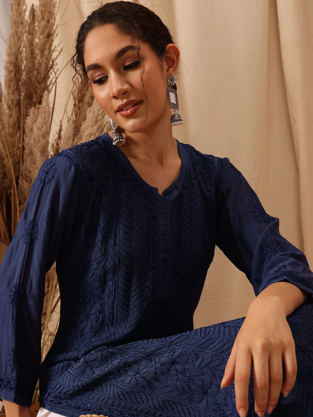 Ada Hand Embroidered Navy Blue Muslin Lucknowi Chikankari straight Kurta A411655