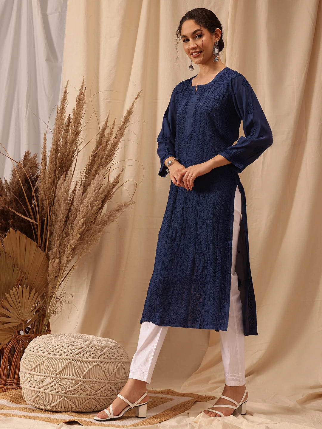 Ada Hand Embroidered Navy Blue Muslin Lucknowi Chikankari straight Kurta A411655