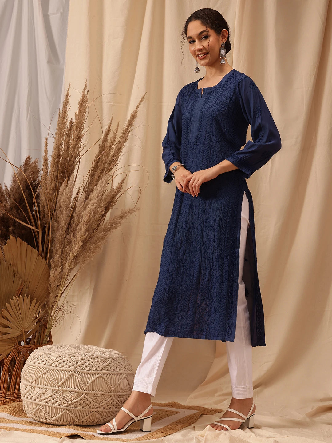 Ada Hand Embroidered Navy Blue Muslin Lucknowi Chikankari straight Kurta A411655