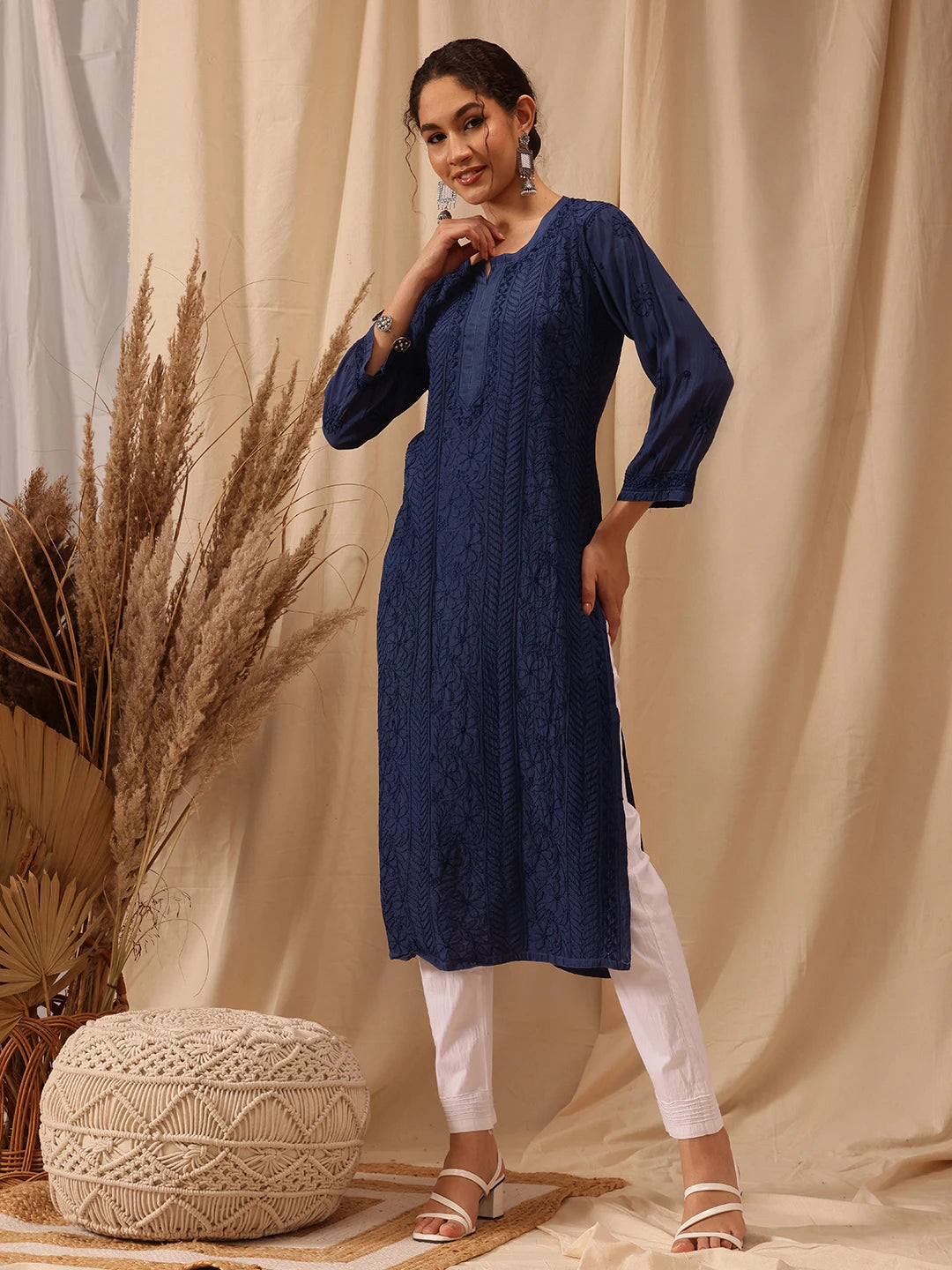 Ada Hand Embroidered Navy Blue Muslin Lucknowi Chikankari straight Kurta A411655