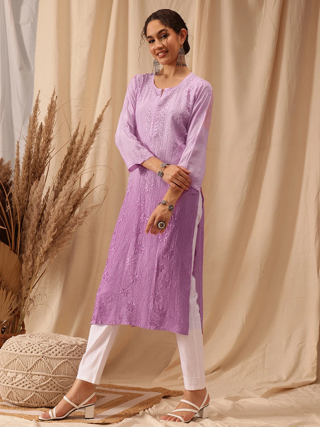 Ada Hand Embroidered Lavender Muslin Lucknowi Chikankari straight Kurta A411656