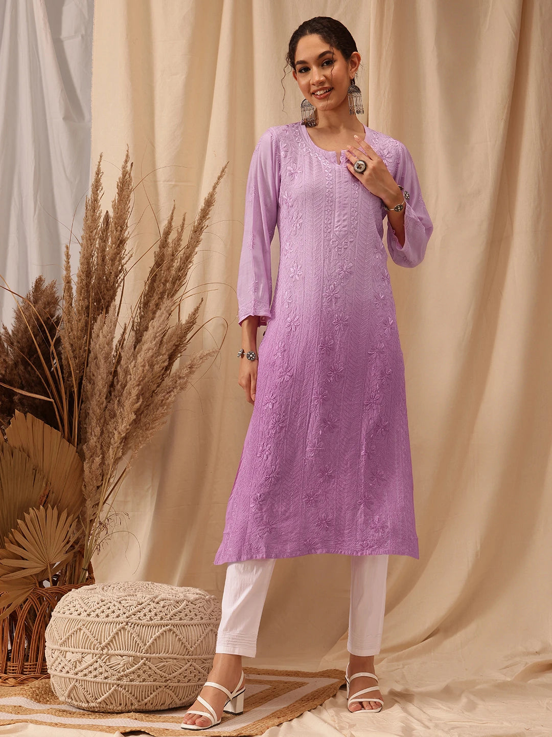 Ada Hand Embroidered Lavender Muslin Lucknowi Chikankari straight Kurta A411656