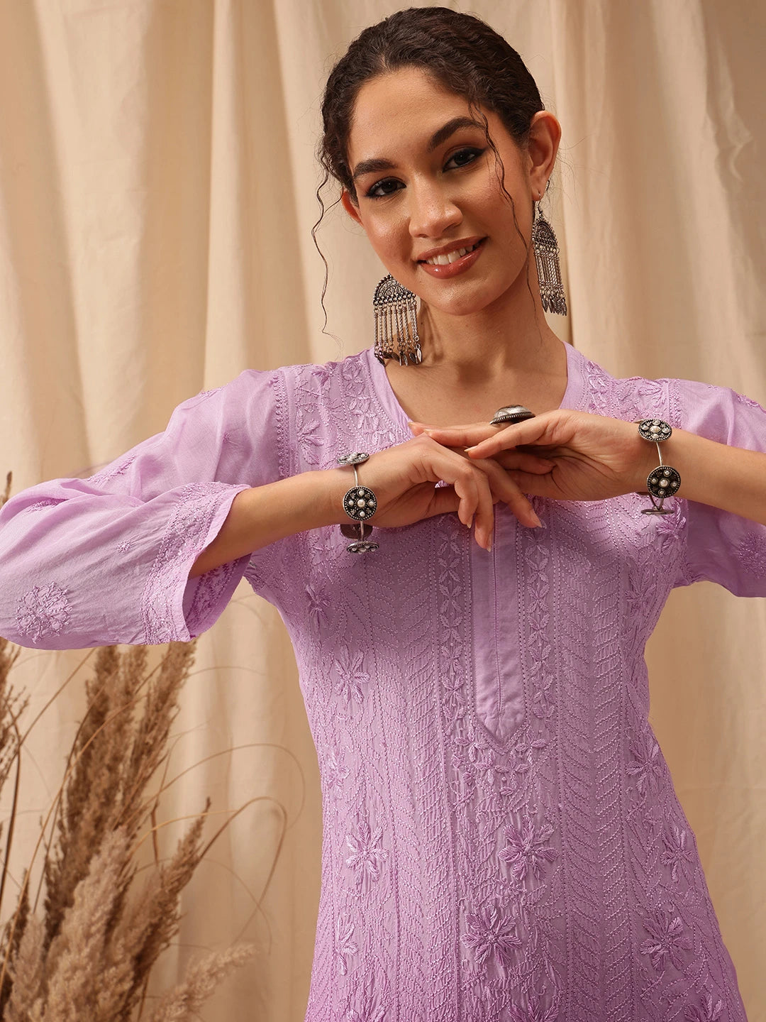 Ada Hand Embroidered Lavender Muslin Lucknowi Chikankari straight Kurta A411656
