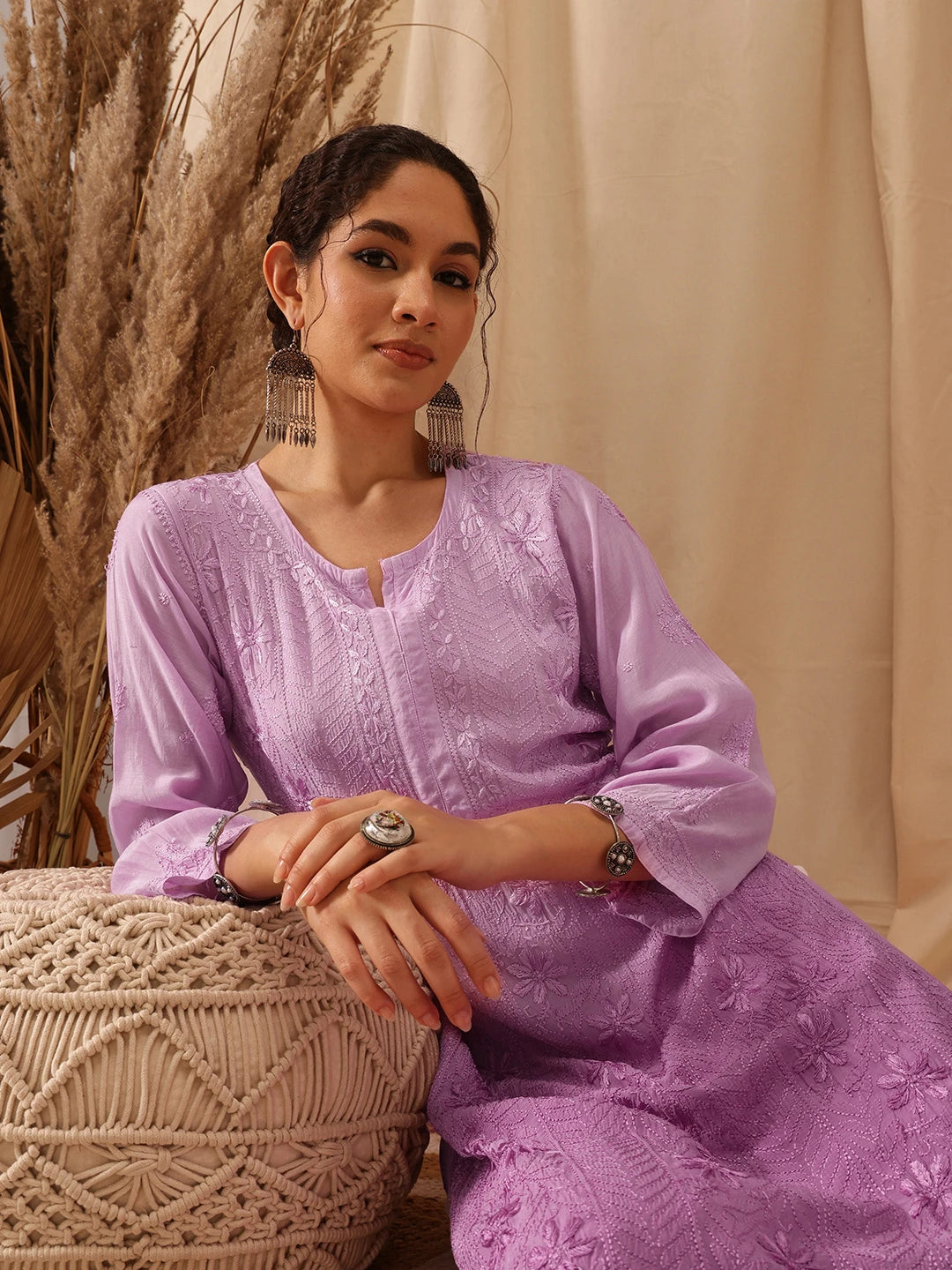 Ada Hand Embroidered Lavender Muslin Lucknowi Chikankari straight Kurta A411656