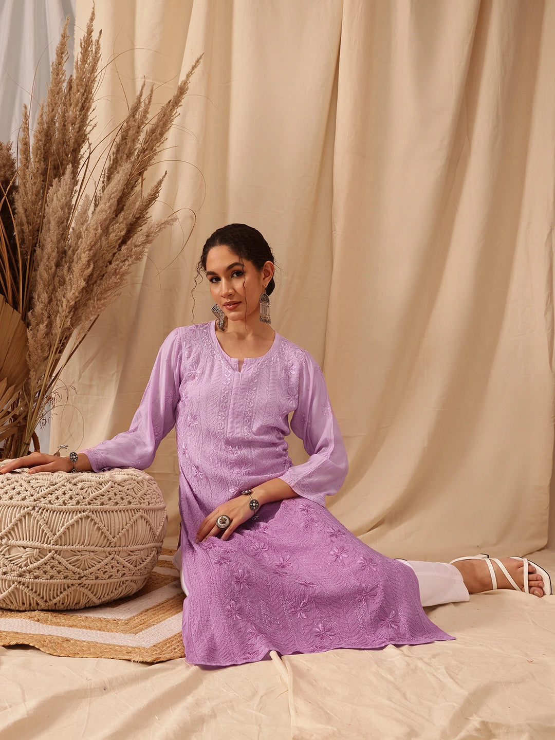 Ada Hand Embroidered Lavender Muslin Lucknowi Chikankari straight Kurta A411656