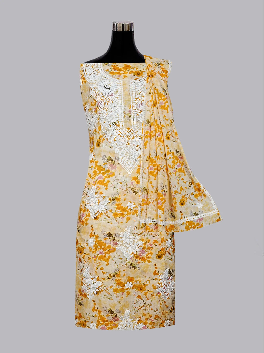 Ada Hand Embroidered Yellow Floral Printed Cotton Chikankari Unstitched Kurta Dupatta Set 01A603451