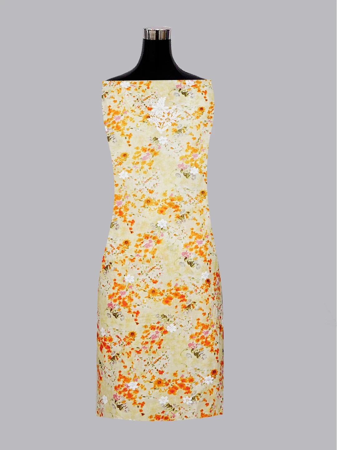 Ada Hand Embroidered Yellow Floral Printed Cotton Chikankari Unstitched Kurta Dupatta Set 01A603451
