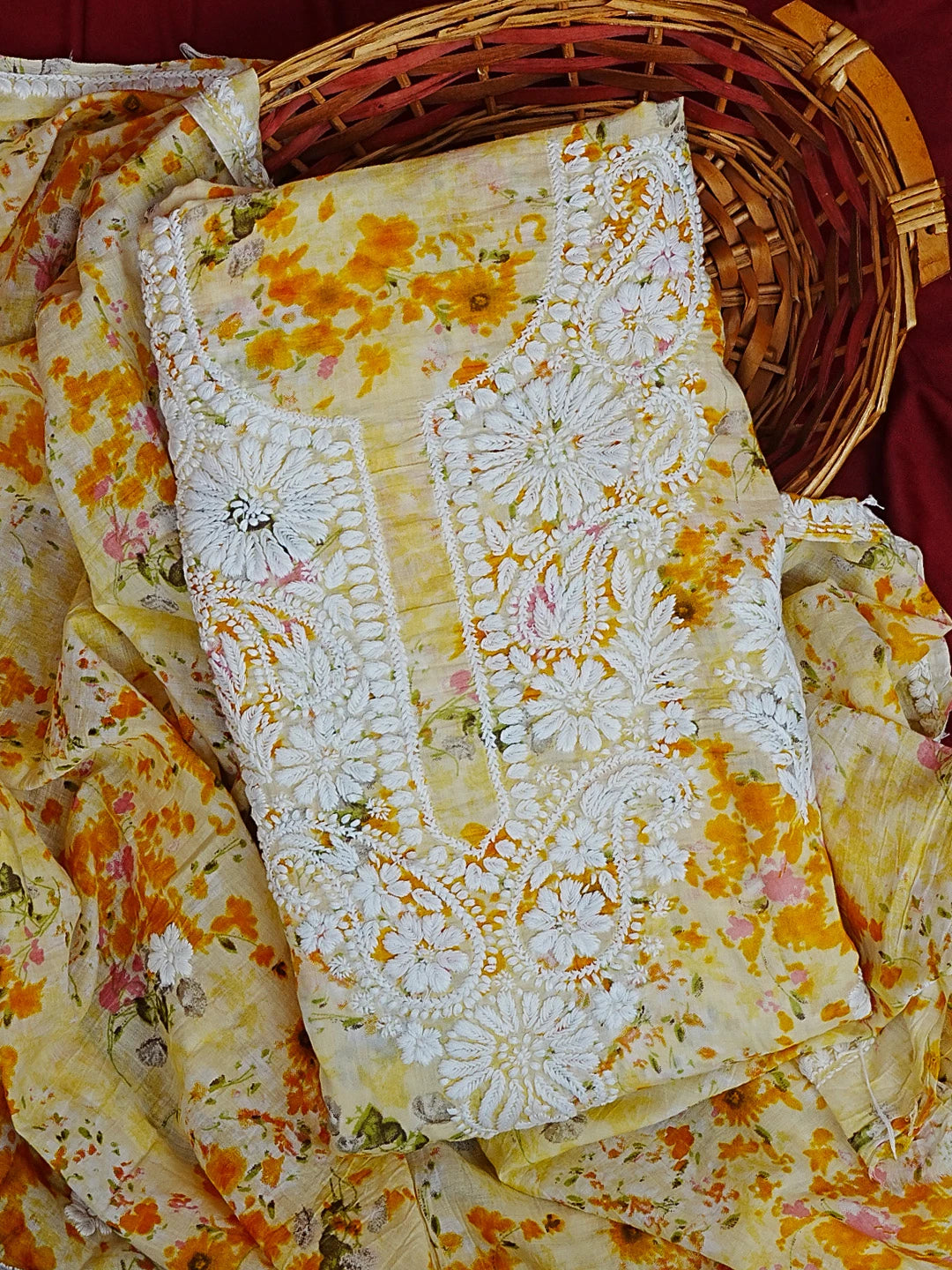 Ada Hand Embroidered Yellow Floral Printed Cotton Chikankari Unstitched Kurta Dupatta Set 01A603451