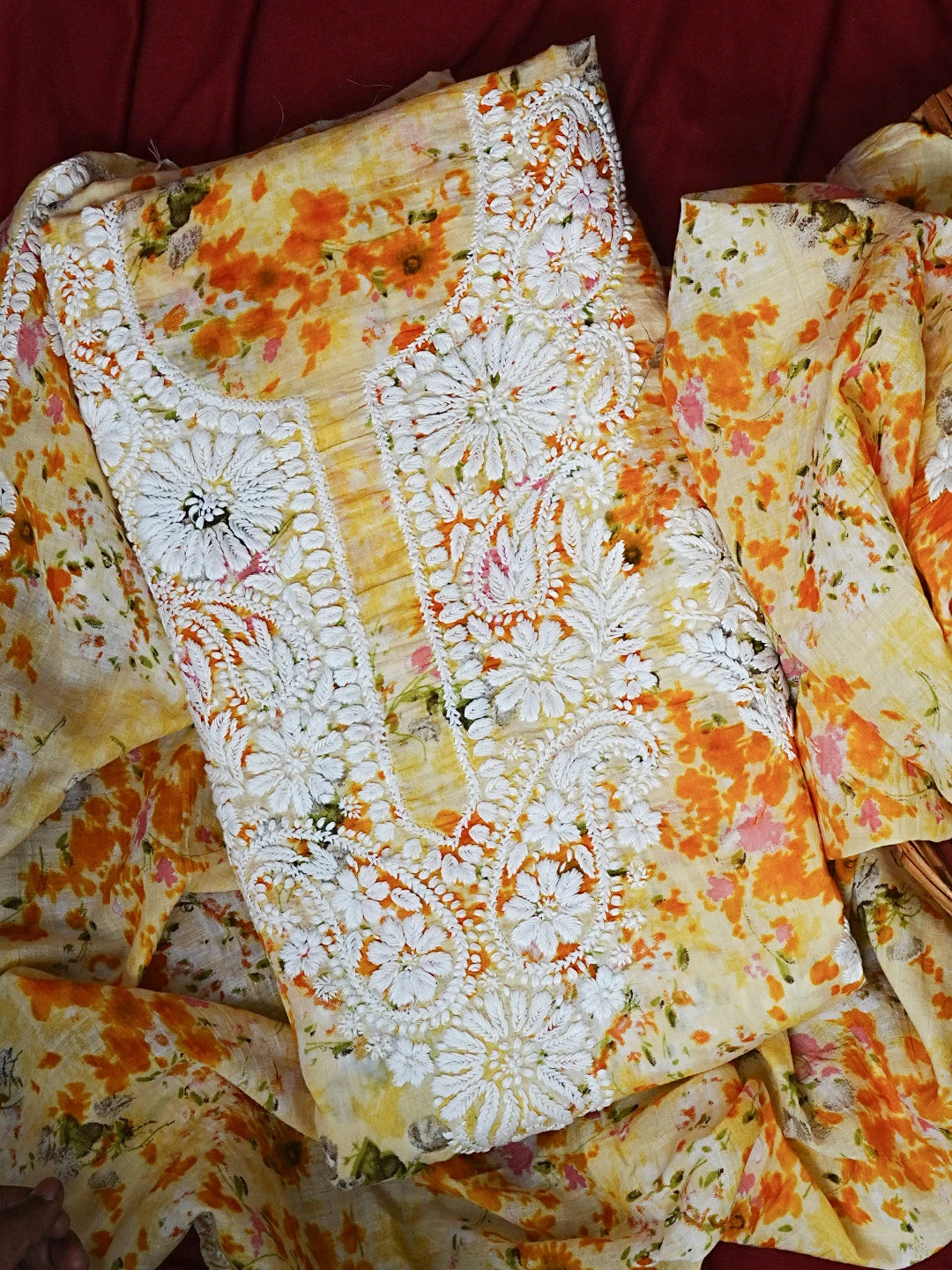 Ada Hand Embroidered Yellow Floral Printed Cotton Chikankari Unstitched Kurta Dupatta Set 01A603451