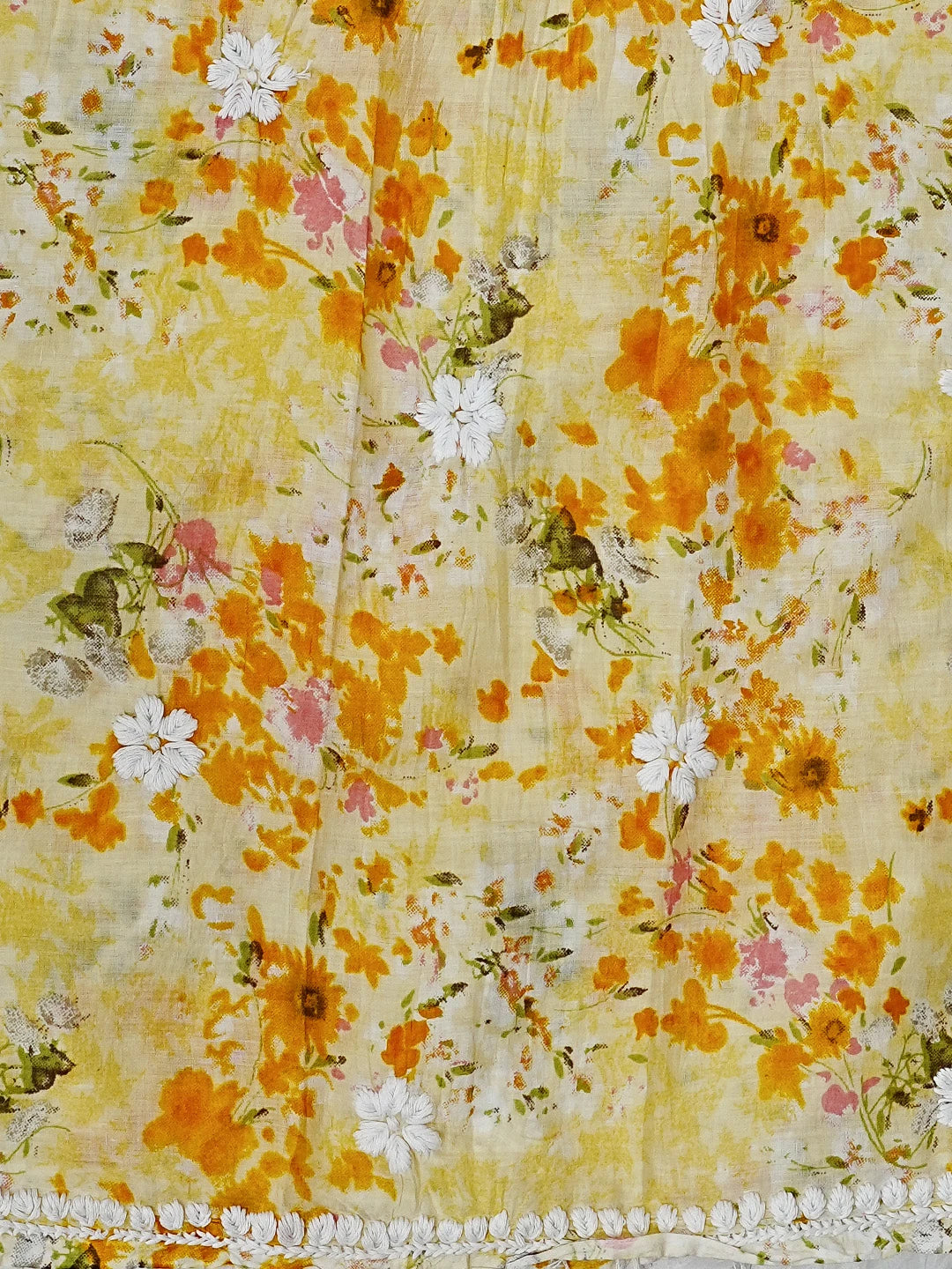 Ada Hand Embroidered Yellow Floral Printed Cotton Chikankari Unstitched Kurta Dupatta Set 01A603451