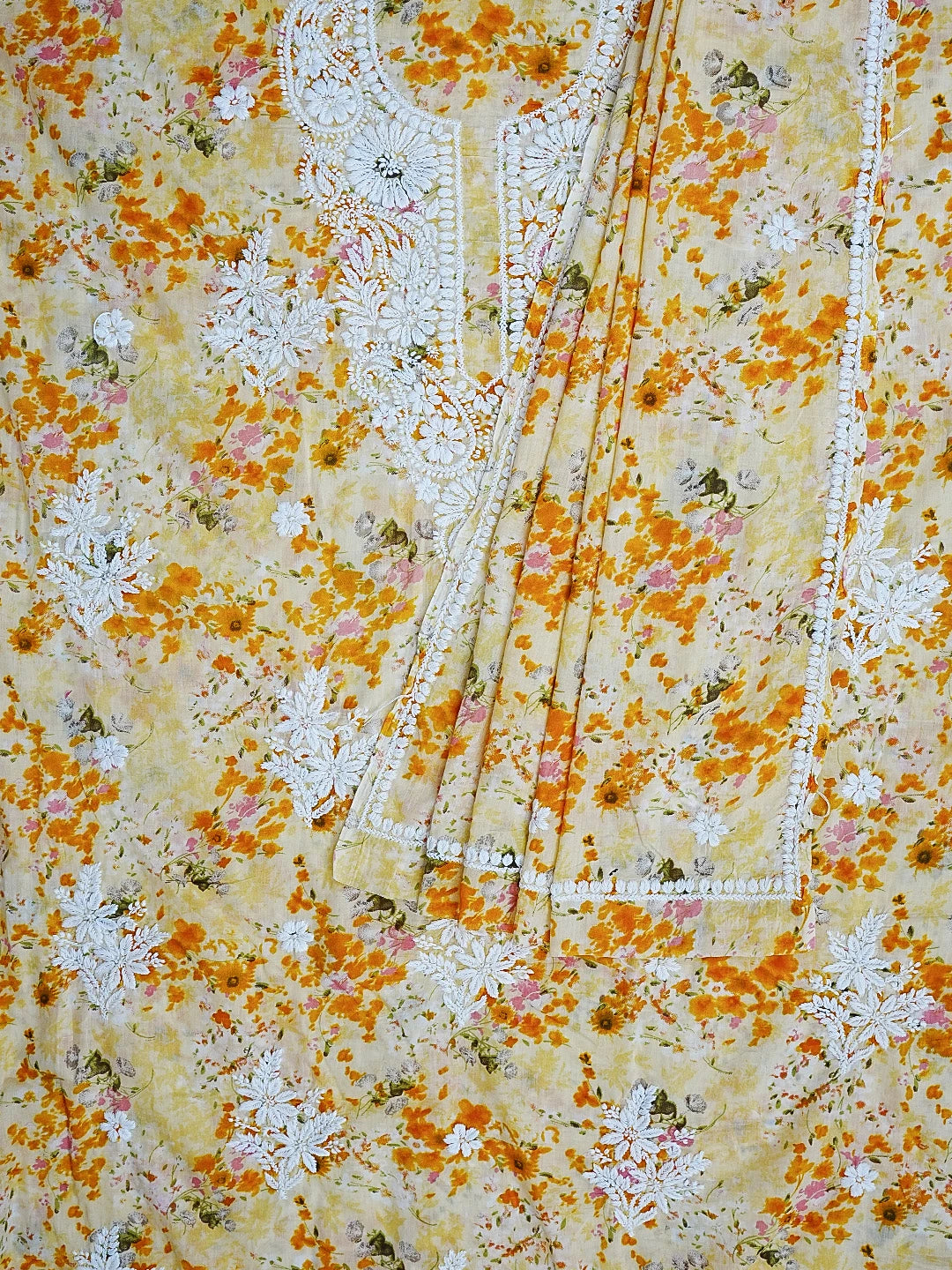 Ada Hand Embroidered Yellow Floral Printed Cotton Chikankari Unstitched Kurta Dupatta Set 01A603451