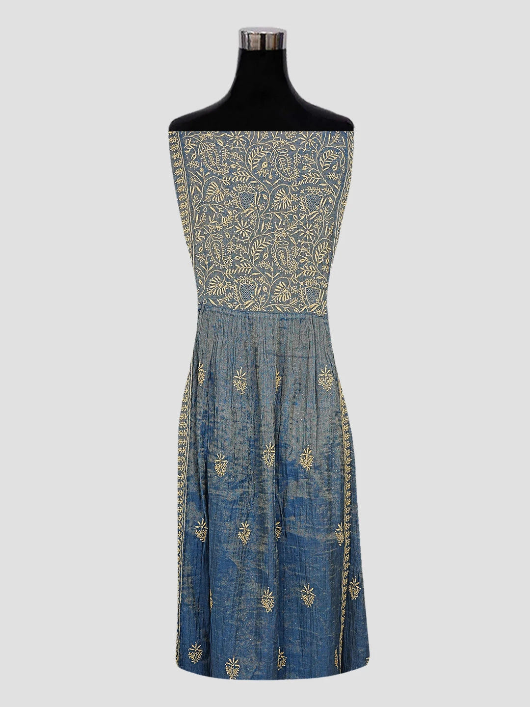 Ada Hand Embroidered Payne's Gray Tissue Lucknowi Chikankari Semi-stitched Kurta Dupatta Set With Muqaish Work 01A520442