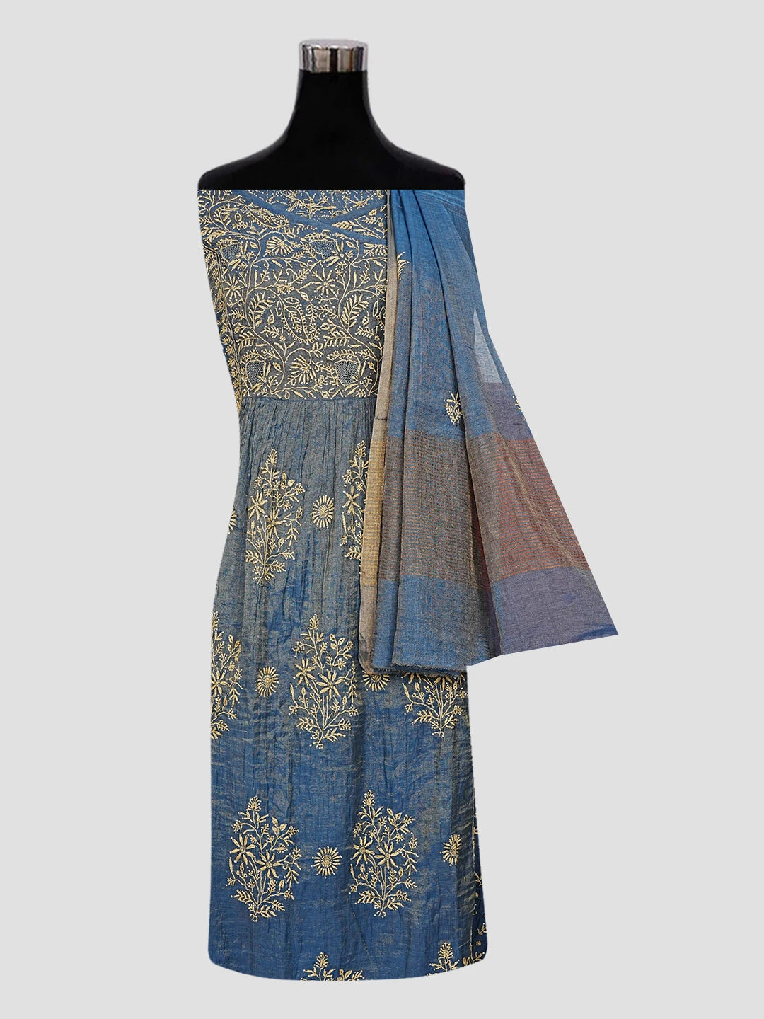 Ada Hand Embroidered Payne's Gray Tissue Lucknowi Chikankari Semi-stitched Kurta Dupatta Set With Muqaish Work 01A520442