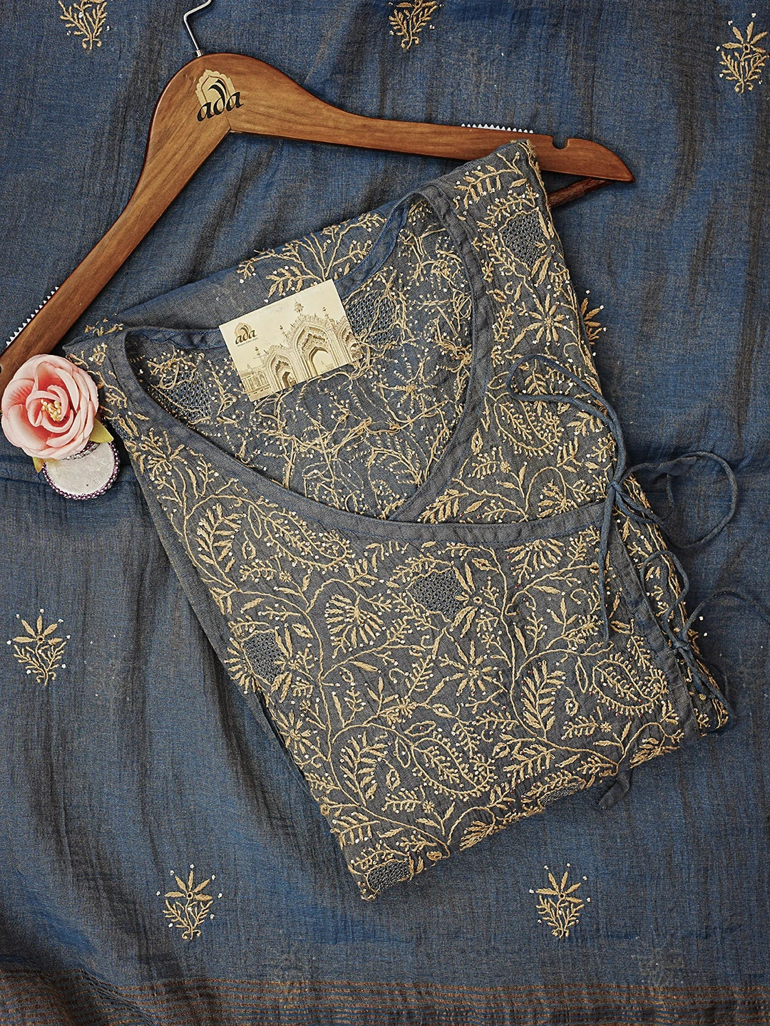 Ada Hand Embroidered Payne's Gray Tissue Lucknowi Chikankari Semi-stitched Kurta Dupatta Set With Muqaish Work 01A520442